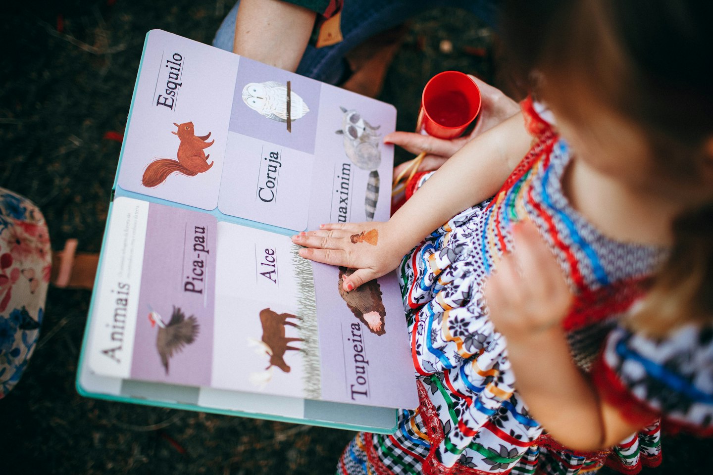 Un adulto y un niño leen juntos un libro de animales.