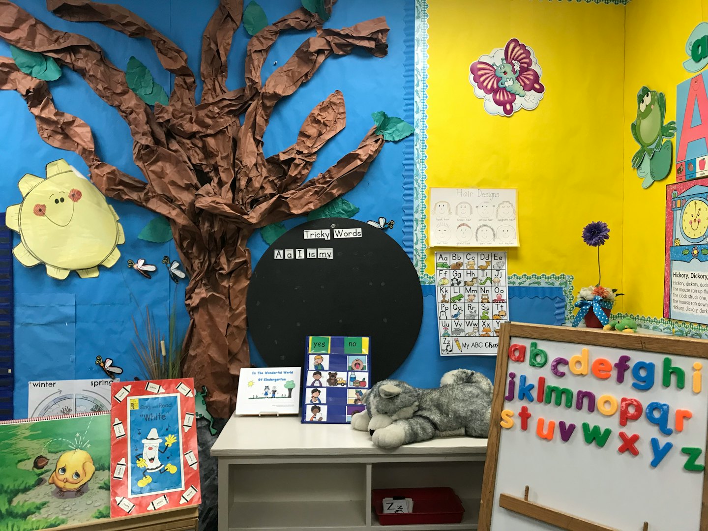 Pared de aula con árbol de papel y letras del abecedario en estantes.